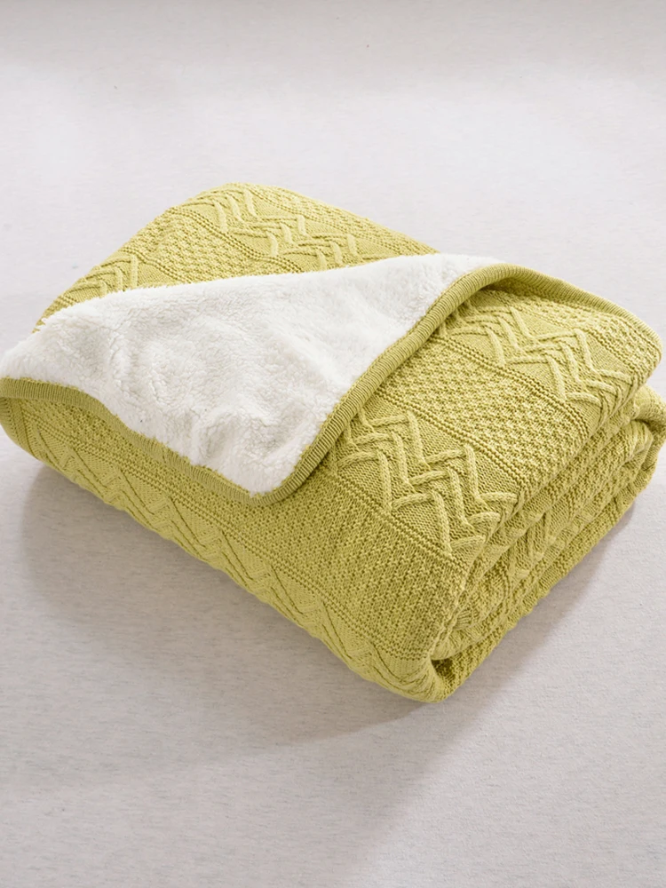 

Pure Cotton Knitted Blanket Quilt Double Layer Plus Velvet Thickening Single Office Sofa Blanket Nap Lamb Velvet Cover Blanket