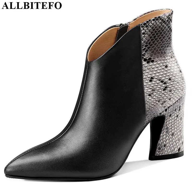 

ALLBITEFO real genuine leather women boots comfortable high heel pointed toe ankle boots serpentine Autumn Winter fashion boots