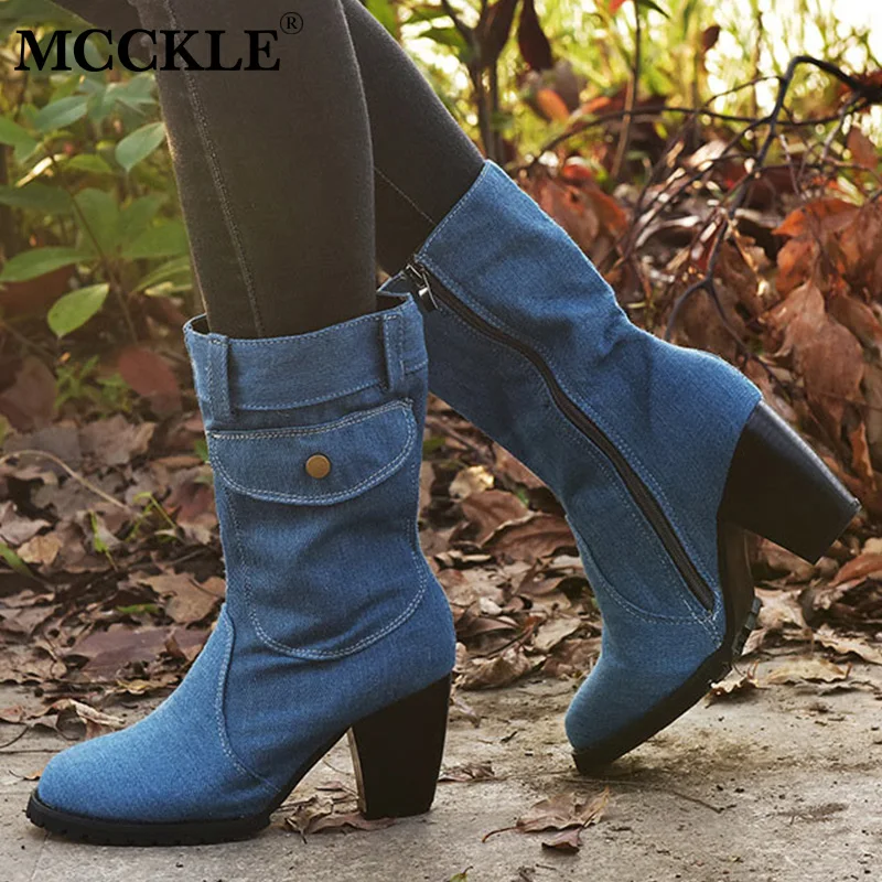 MCCKLE женские джинсовые ботинки до середины икры в стиле ретро женские ботинки на толстом каблуке на молнии Женская обувь на высоком каблуке Новая модная женская обувь