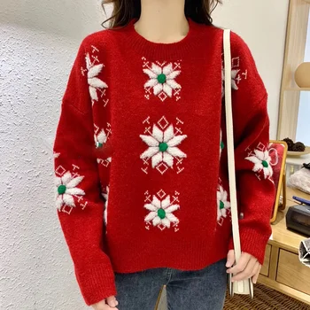 

Women Red Christmas Sweater Oversized Sweater 2019 Hair Ball Snowflakes Plus Size Lazy Sweater Winter Warm Knit Loose Pullover