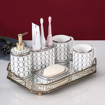 

Nordic Luxury Ceramic Circle Wash Set Household Mouthwash Cup Soap Dish Lotion Bottle Five-piece Bathroom Decoration Accessories