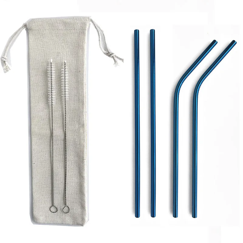 Blue 7Pcs 7 шт многоразовая 215*6 мм металлическая трубочка трубочки для питья 304 нержавеющая сталь Изогнутая прямая соломинка для напитков бар вечерние оптом с мешочком - Цвет: Blue 7Pcs