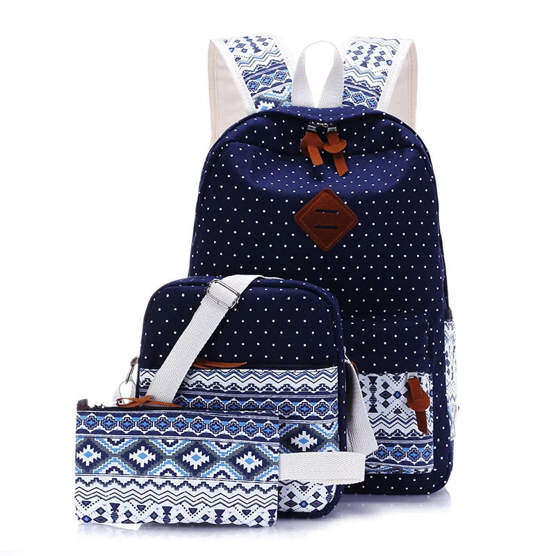 

New Style Canvas Backpack Fashion Three-piece Set Ethnic-Style Contrast Color Backpack Schoolbag a Generation of Fat