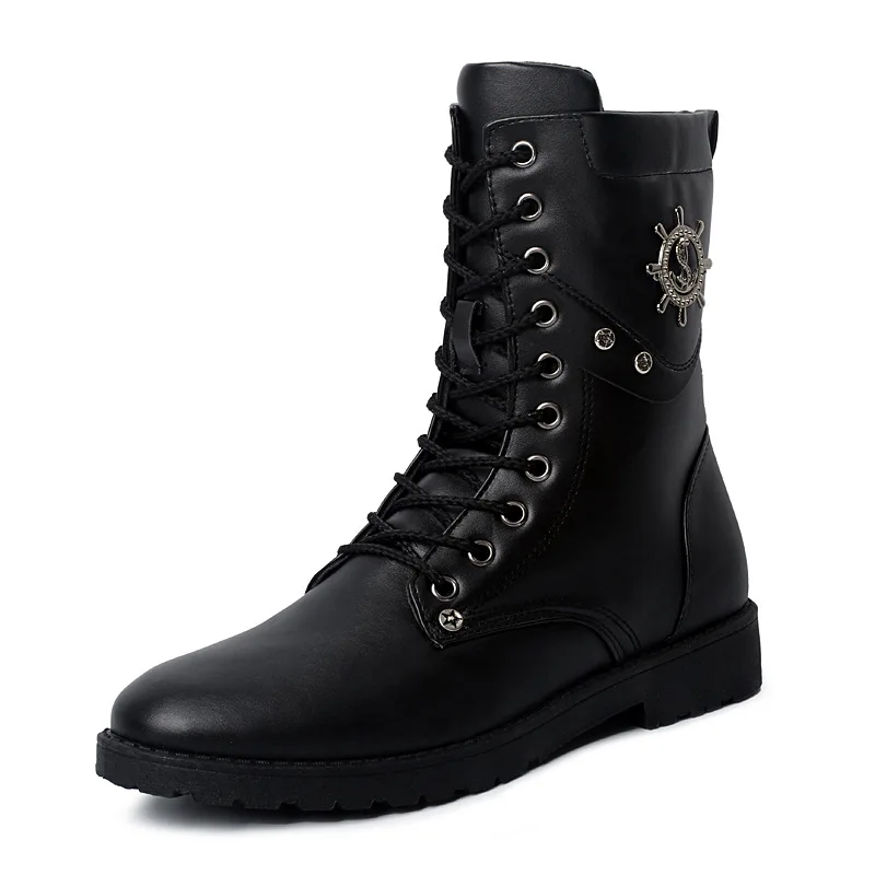 

Black And White with Pattern Combat Boots Hight-top England round-Toe Boots Men's Boot Extra High Martin Leather Boot Fashion