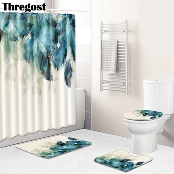 

Thregost Modern Bathroom Carpet Set 3pcs with Shower Curtain Waterproof Feather Print Anti Slip Mats for Bathroom Toilet Rugs