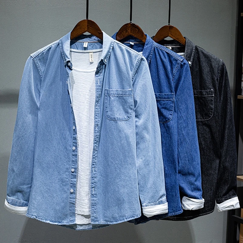 S-XXXXL 100% Cotton Men's Denim Long Sleeve Shirt Four Seasons New Business Fashion Retro Casual Jacket Male Brand Clothes | Мужская