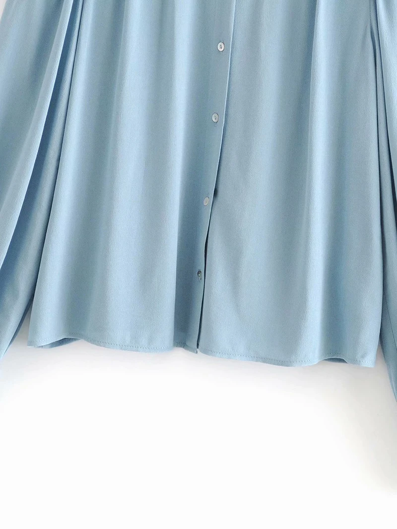 Women Elegant Casual Solid Blouses Long Sleeve Stylish Pleated Blue Blouse Ladies Office Turn Down Collar Shirt Tops