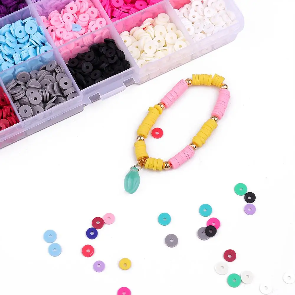 Flat Round Polymer Clay Spacer Beads Kit Charms Elastic String Lobster Clasp Box for Jewelry Making DIY Bracelets Earring Set