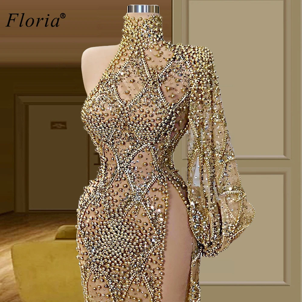 Robe de célébrité faite à la main pour femmes, robes de tapis rouge, robe de soirée, robe de Rh, robe longue, col haut, perles de Dubaï, sexy, nouveau