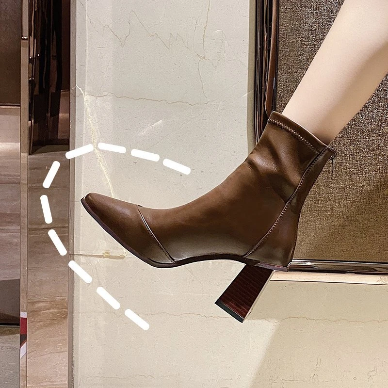 Leather Boots Women Shoes High Heel Pointed Toe Shoes Women Sexy Block Heels Ankle Boots Female Women Shoes Heels Fashion New