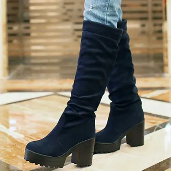 

Brand New Big Size 43 Classic Square High Heels Platform Slip On Knee High Boots Fashion Winter Boots Shoes Women