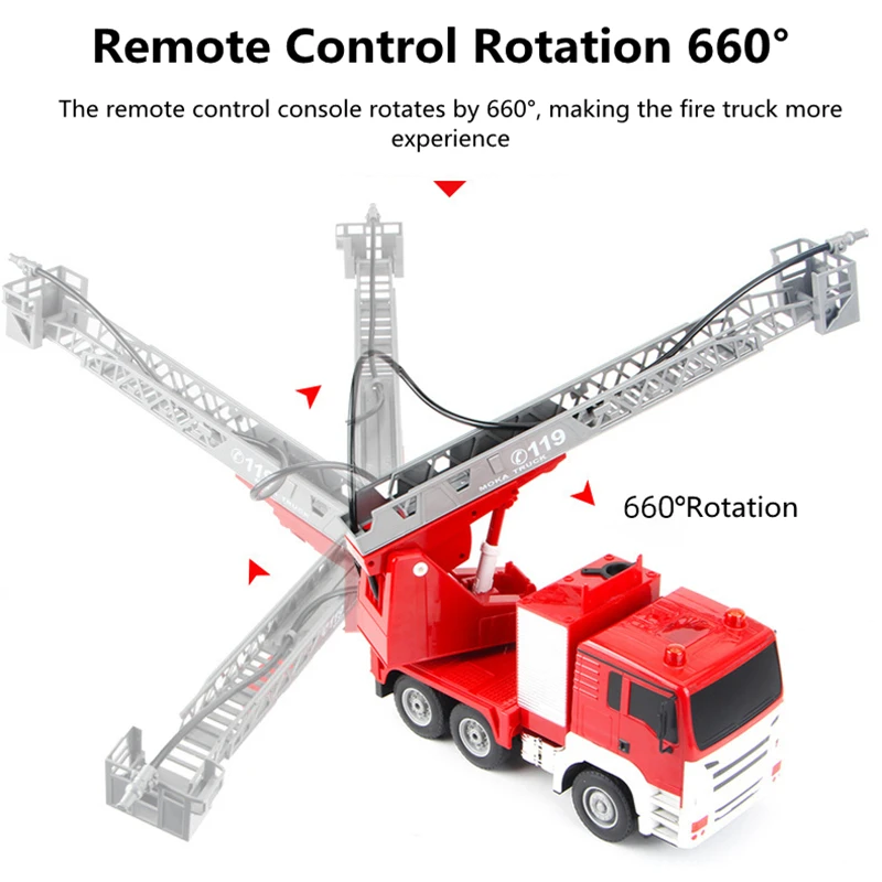 Water Spray 2.4G RC Fire Truck 660° Rotation One-click Demo Ladder Lift Cool Lighting Remote Control Truck Water Fire Car Gifts 4