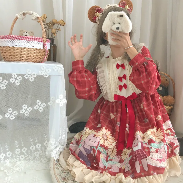 Kawaii светильник, платье лолиты, японское мягкое платье с милым медведем для девочек, милое платье без рукавов с высокой талией
