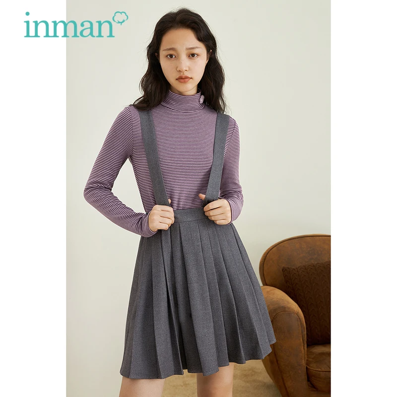 INMAN Women's Pleated Skirt Autumn Winter Elegant Korean Fashion A-Line Strap Dress Grey All-Match Bottoms