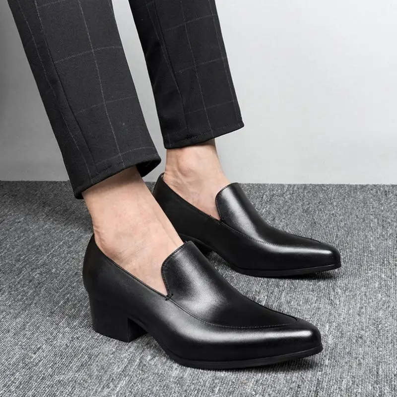 Mens High Heel Men Shoes Black White Genuine Leather Wedding Dress Shoes Pointed Toe Slip On Business Office Work Heighten