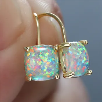 

Mystic Rainbow Fire Opal Square Hoop Earrings For Women Vintage Fashion Yellow Gold White Blue Opal Stone Earrings Bridal Gifts