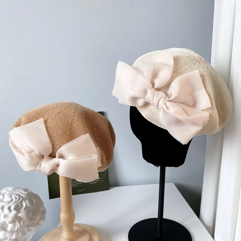 Japanese Style Big Bow Autumn Beret Cap Female Women Summer Breathable Knitted Hat Temperament Painter For Girl | Аксессуары для
