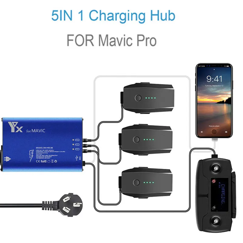 5 in 1 fast intelligent multi battery charger hub for DJI Mavic Pro Platinum drone with battery charging cable