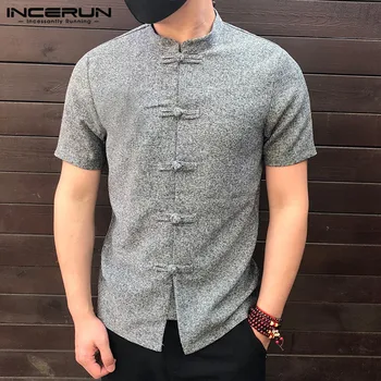 

INCERUN Chinese Style Men Shirt Casual Loose Chemise Solid Color Stand Collar Short Sleeve Button Traditional Vintage Shirts Men