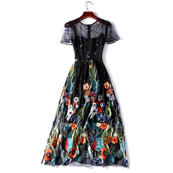 

Runway Party Short-sleeved Lace Mesh Dress Women Colorful Floral Hand Embroidery Dress 2020 Summer Couture Collection k9719