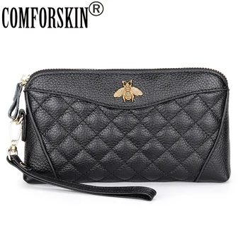 

COMFORSKIN Genuine Leather Clutch Wallet For Women Dropshipping New Arrivals Bee Print Zipper Purse With Hand Rope Clutch Bags