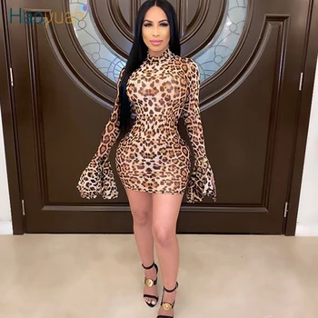 

HAOYUAN Sexy Leopard Print Mesh Long Sleeve Bodycon Mini Dress 2020 New Summer Clother Women Fashion Vestidos Night Club Dresses
