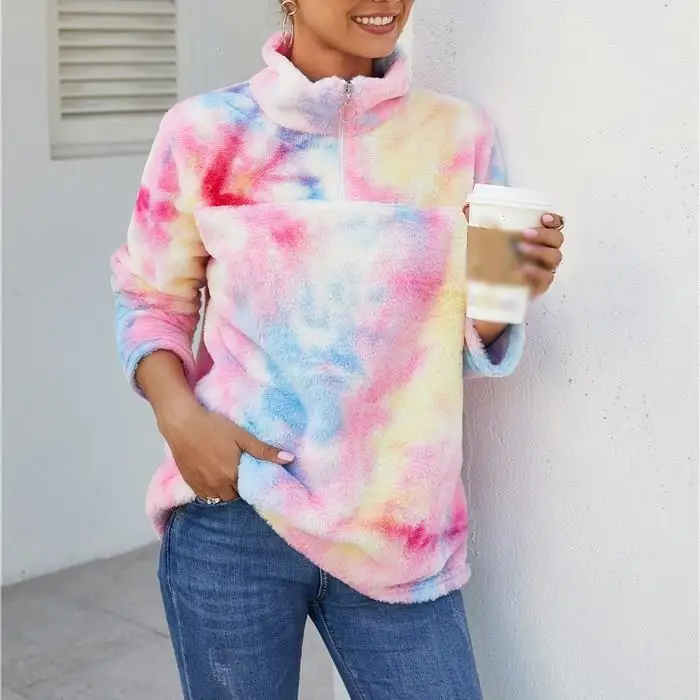 Пушистые толстовки на молнии с принтом «Tie Dye», радужные флисовые толстовки на молнии с отворотами, женские зимние модные облегающие пуловеры, пушистые наряды