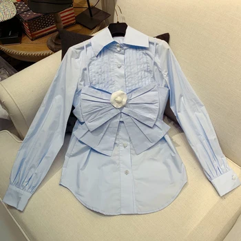 

Women Blue Blouse Casual Spring Fall Fashion Long Sleeve Top Vintage Women's Blouse Shirt