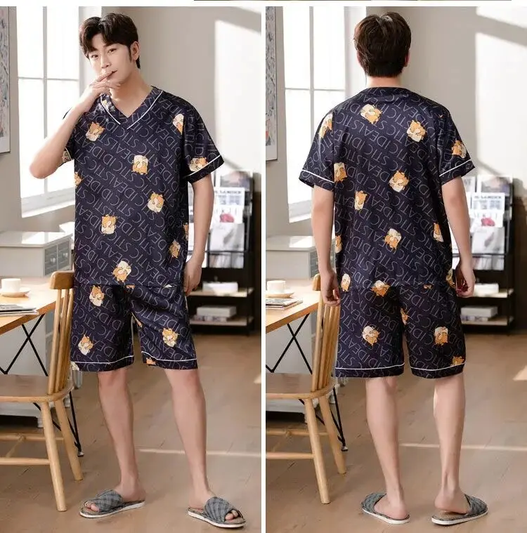 mens sleep wear Men Satin Silk Pajamas Set for Men Short Sleeve V-Neck Summer Casual Sleepwear Pyjama Male Homewear Lounge Wear Clothes cotton short pyjamas