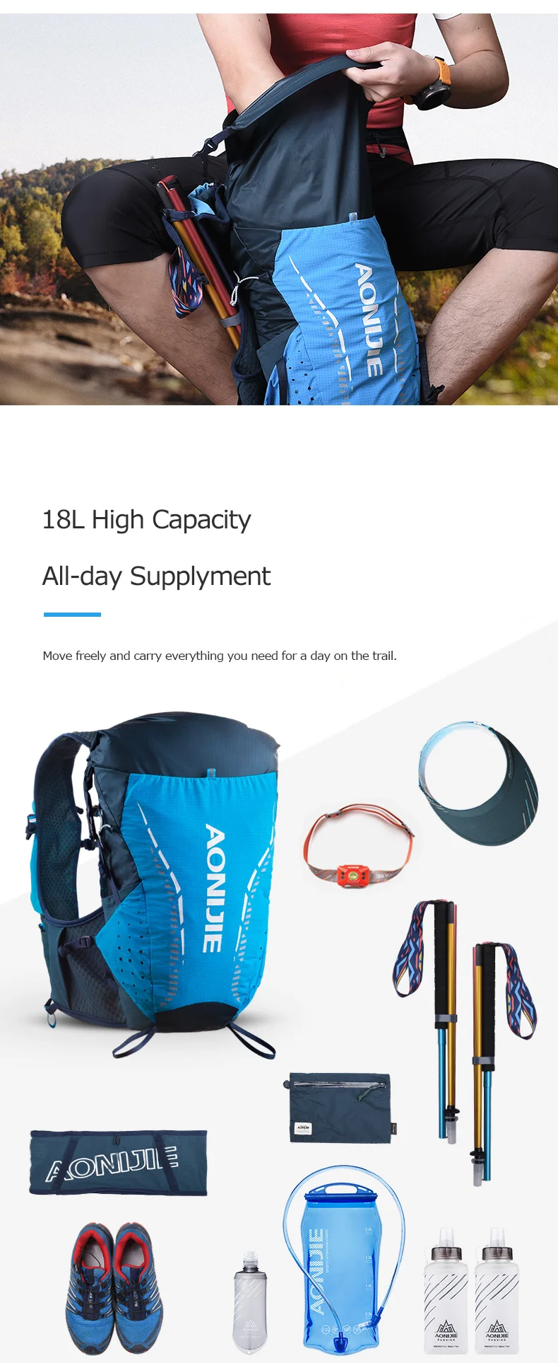 Zaino Idratazione Aonijie 18L | Per Corsa, Ciclismo E Trekking | Con Borraccia 420ml/2L - Foto 12