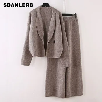 

Autumn Sweater Suit Wide-legged Pants Cardigan 3 Piece Set of Women's Loose Korean Lazy Style Knit Pants Set Women Suit Mom