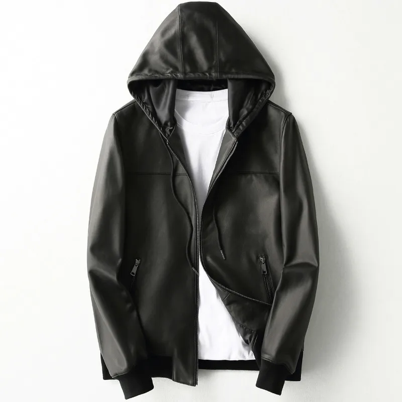 Настоящая дубленка куртка бомбер с капюшоном из натуральной кожи Мужская