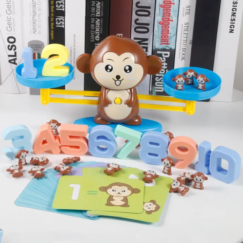 

QWZ New Montessori Math Balancing Scale Number Board Game Educational Toy Monkey Pig Dog Animal Figure Baby Preschool Math Toys