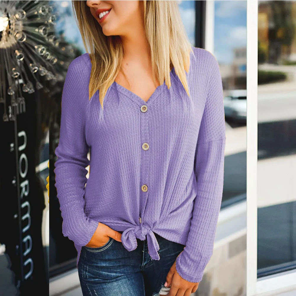 

Loozykit Women Streetwear Autumn T-Shirts Button Decor V-Neck Long Sleeve Solid Shirts Fashion Lady Casual Loose Shirts new