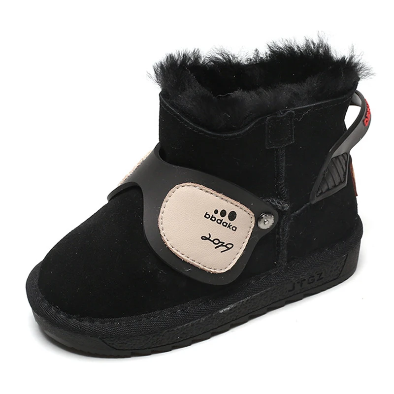 Детские зимние ботинки из натуральной кожи с мехом; ботинки для маленьких мальчиков и девочек; зимние ботинки; мягкие теплые детские ботинки - Цвет: Black