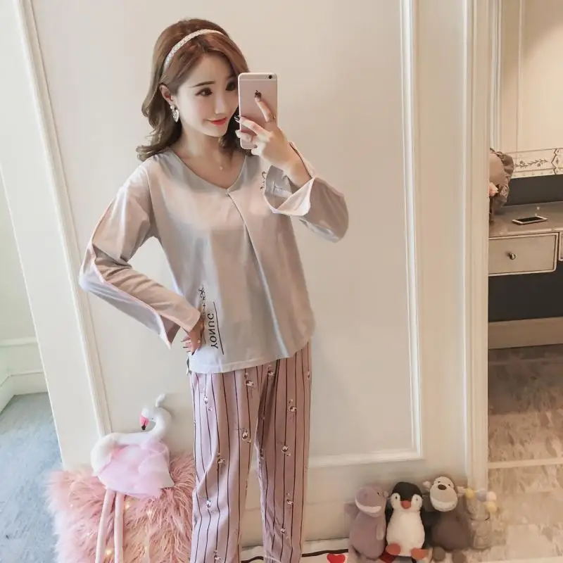

Autumn New Products Pure Cotton Women's Long-Sleeve Homewear Set Comfortable Breathable Fresh Stripes Flamingo Cotton Pajamas