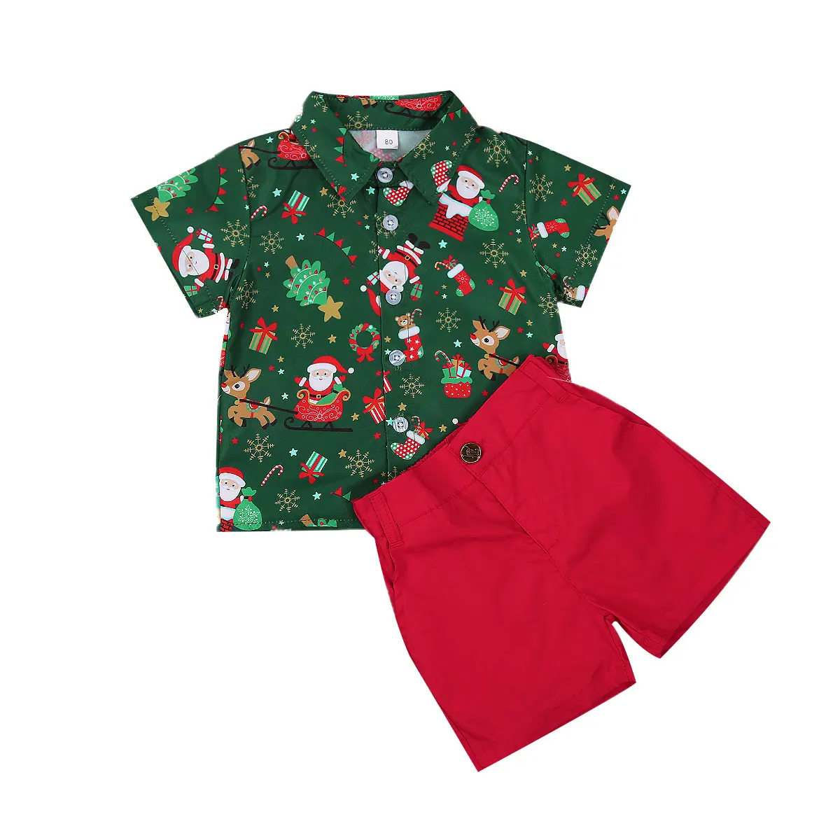 0-6 Years Baby Boy Christmas Clothes Set Kids Short Sleeve Print Shirts Toddler Red Shorts Gentalmen Suit Kid Santa Outfit |