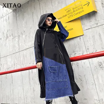 

XITAO Harajuku Plus Size Dress Women Denim Stitching Oversized Women Clothes 2020 Autumn New Streetwear Hooded Dresses XJ3182