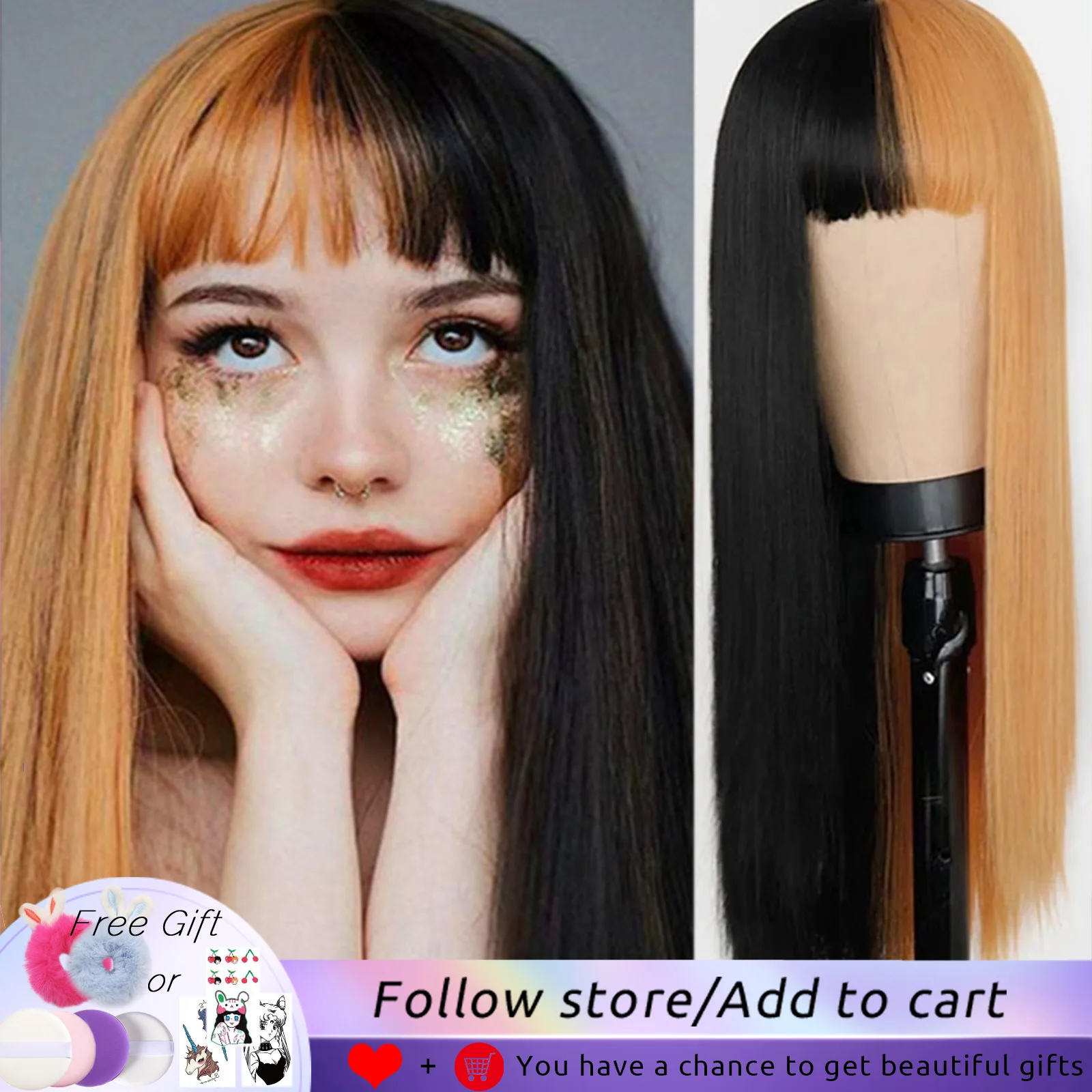 Blond Wig Synthetic-Hair-Wigs Black Two-Tone Long-Streight Yellow Ombre-Color Women And