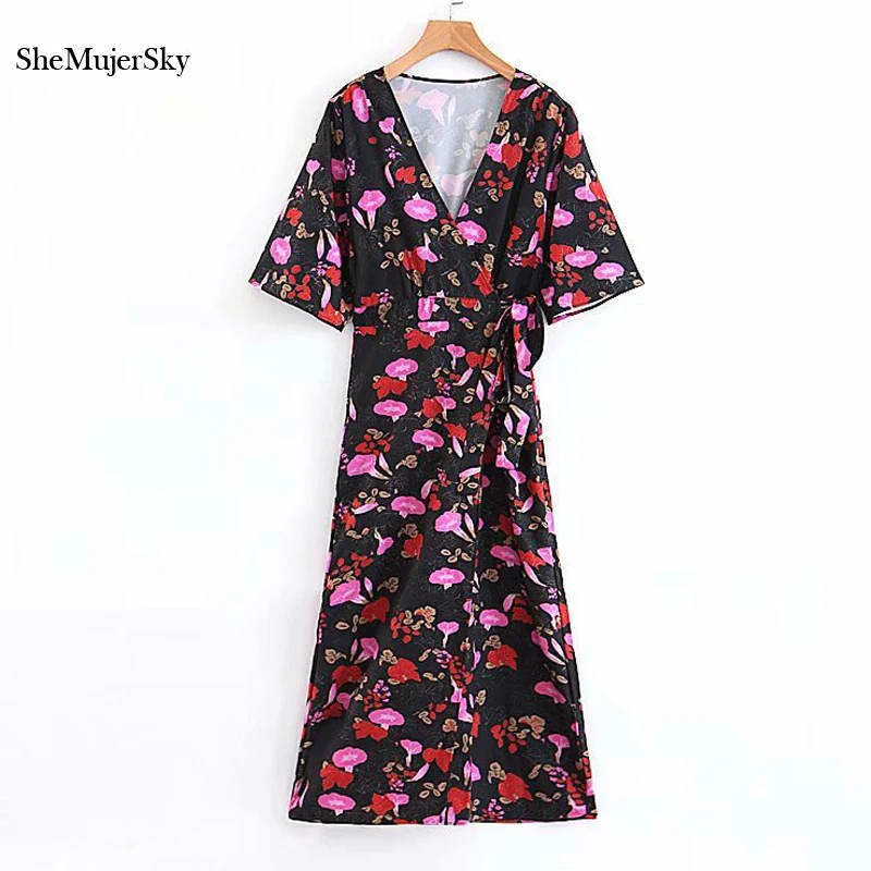 

SheMujerSky Women Black Wrap Jumpsuit Floral Print Wide Leg Jumpsuits V-neck Short Sleeve Summer Overalls 2019