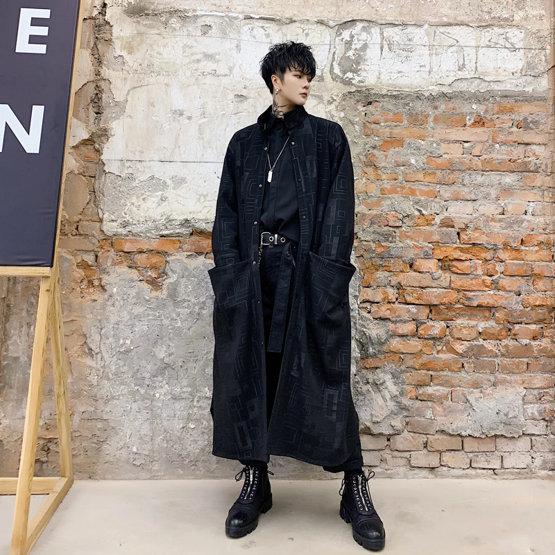

Men Big Pocket Stand Collar Loose Long Trench Jacket Overcoat Male Streetwear Hip Hop Gothic Cardigan Coat Windbreaker Outerwear