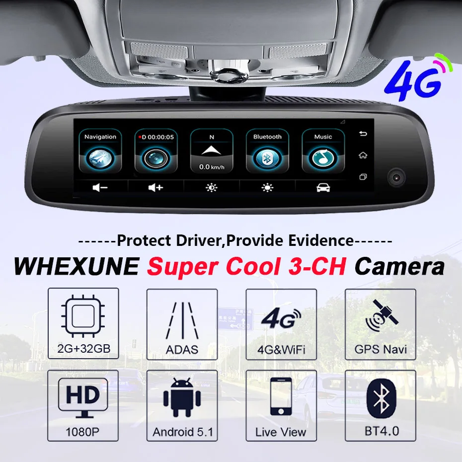  WHEXUNE 4G 3-CH Car DVR ADAS Android Rearview Mirror 1080P Special Bracket Auto 8