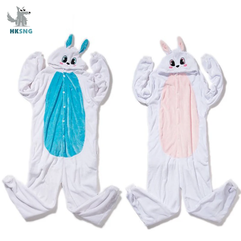 HKSNG Animal Adult Cute Pink Blue Rabbit Onesie Pajamas Flannel Cartoon Family Party Halloween Sleepwear Kigurumi