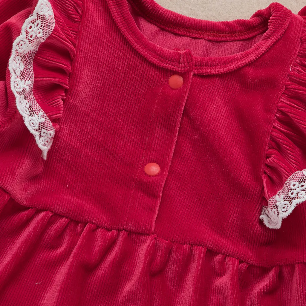 Новое поступление; Рождественский красный кружевной комбинезон с рюшами; платье принцессы для маленьких девочек; детские рождественские праздничные платья; хлопковый костюм для новорожденных