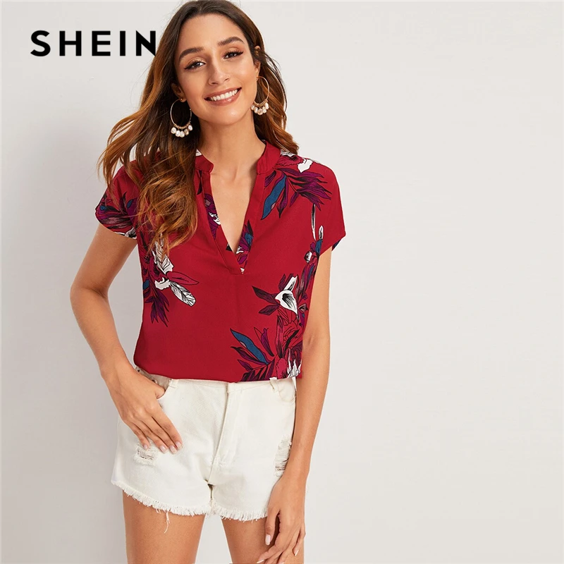 SHEIN желтый v-образный вырез цветочный принт зубчатый блузки женские топы и блузки летние повседневные с коротким рукавом Boho Блузка Женская Топ