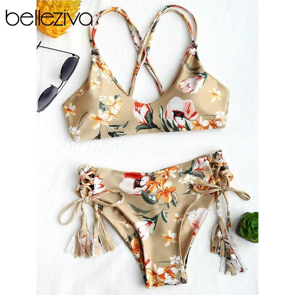 

Belleziva Floral Tied Tassel Vintage Print Bikini Set Lace up Open back High Waist Fashion Swimsuit Swimwear 2020 New