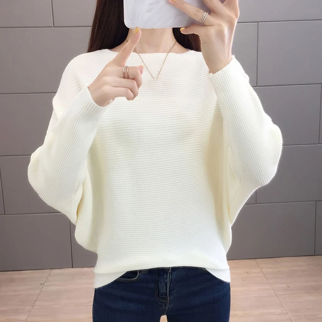 2019 New Arrival Winter Women Tops Casual O-Neck Batwing Sleeve Blouses Autumn Knitted Polka Shirt 903