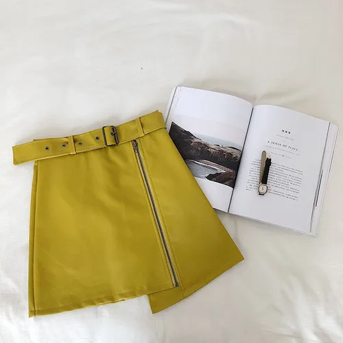 Осень Зима диагональная молния нерегулярные кожаная юбка мода Высокая талия