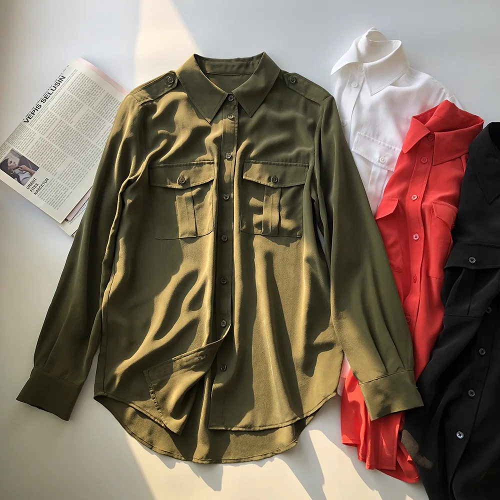 Elfbop Ladies Silk 100% Blouse Shirt Features With Epaulets Shoulders - 2020 Women Long Sleeve Lapel Double Pockets Shirt Top 4