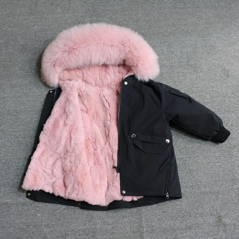 black pink fur Для маленьких мальчиков детская зимняя куртка, детская куртка-пуховик для девочек зимняя куртка для детей в Зимняя куртка для девочек и мальчиков детские линией натурального меха кролика, парка, пальто - Цвет: black pink fur